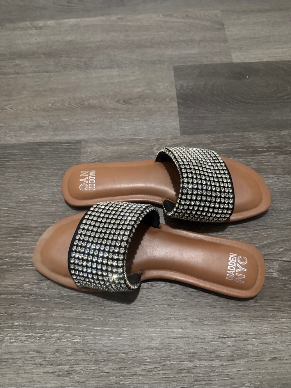 Madden NYC Black Crystal Slide Sandals